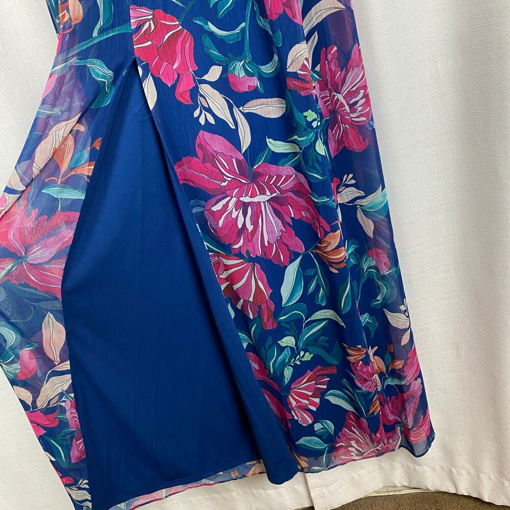 Adrianna Papell Navy Multi Floral Printed Chiffon Halter Gown Sz.4 NWT - Picture 13 of 16